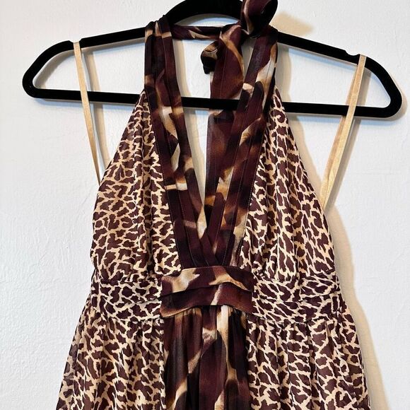 Y2K Chiffon MODA International Women Maxi Dress Long Halter Neck Animal Print M - Picture 3 of 7
